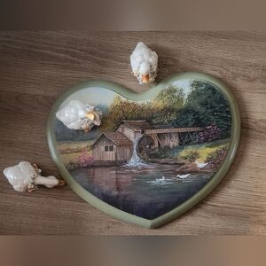 Vintage Cottage Heart-Shaped Scenic Wall Plaque - Green Framed Mill Pond Artwork